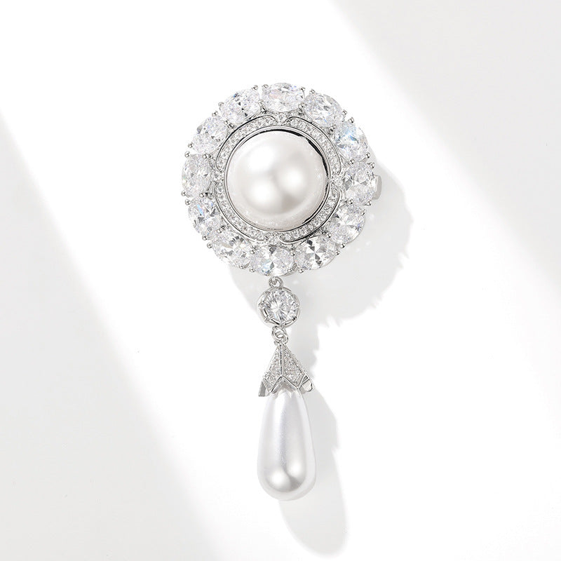 High-end Palace Style Zirkon Brosch Rund Vattendroppe Shell Pärlor Temperament Kläder Tillbehör Pin