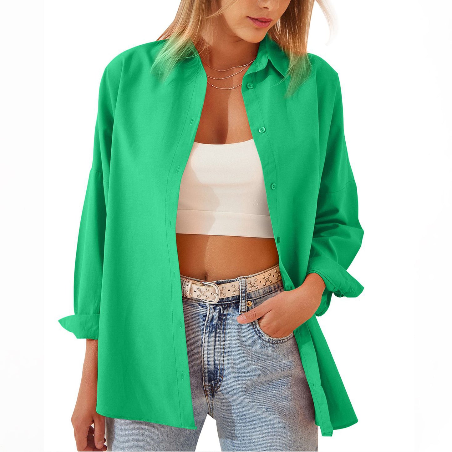 Veste chemise pour femme, chemisier à manches longues, hauts boutonnés, chemise couleur bonbon