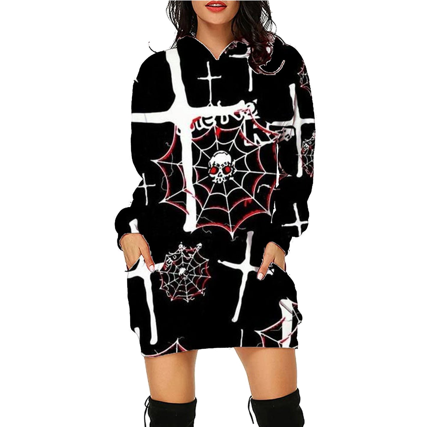 Halloween Print Lång Hoodie Med Fickor Tröja Långärmade Kläder Kvinnor