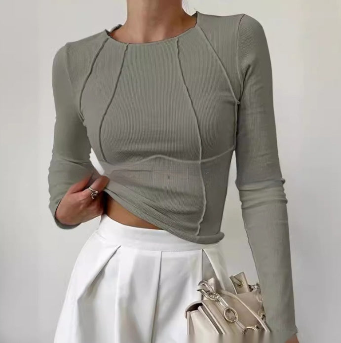 Elegant Long Sleeve T-shirt - Solid Color, Split Thread Knitted Top for Women