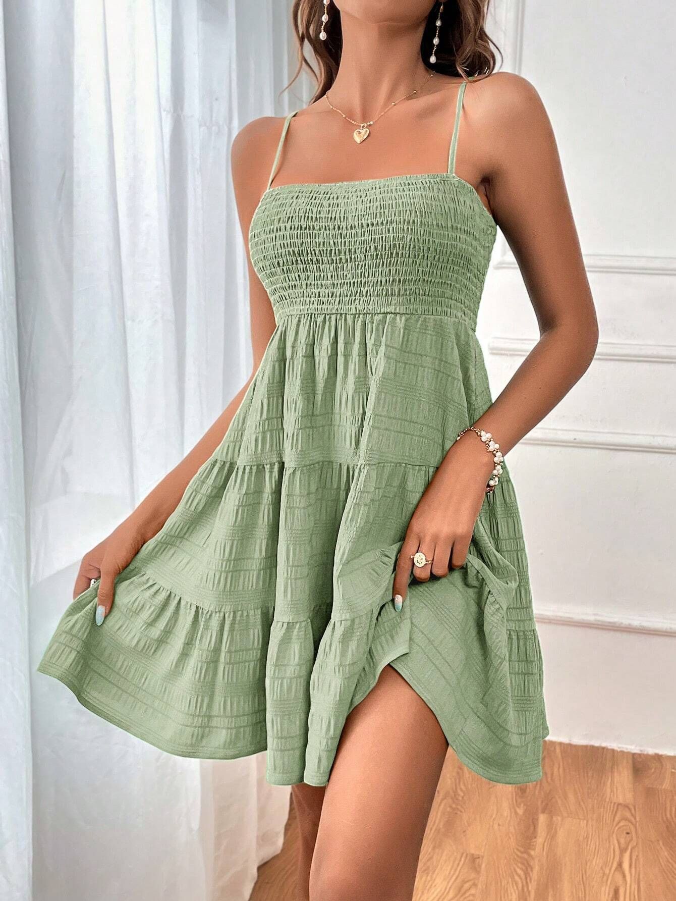 Summer Square-Collar Suspender Pleated Dress - Fashion Solid Color Beach Dress - Premium Polyester