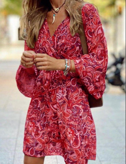 New Printed Long Sleeve A-Line Boho Dress