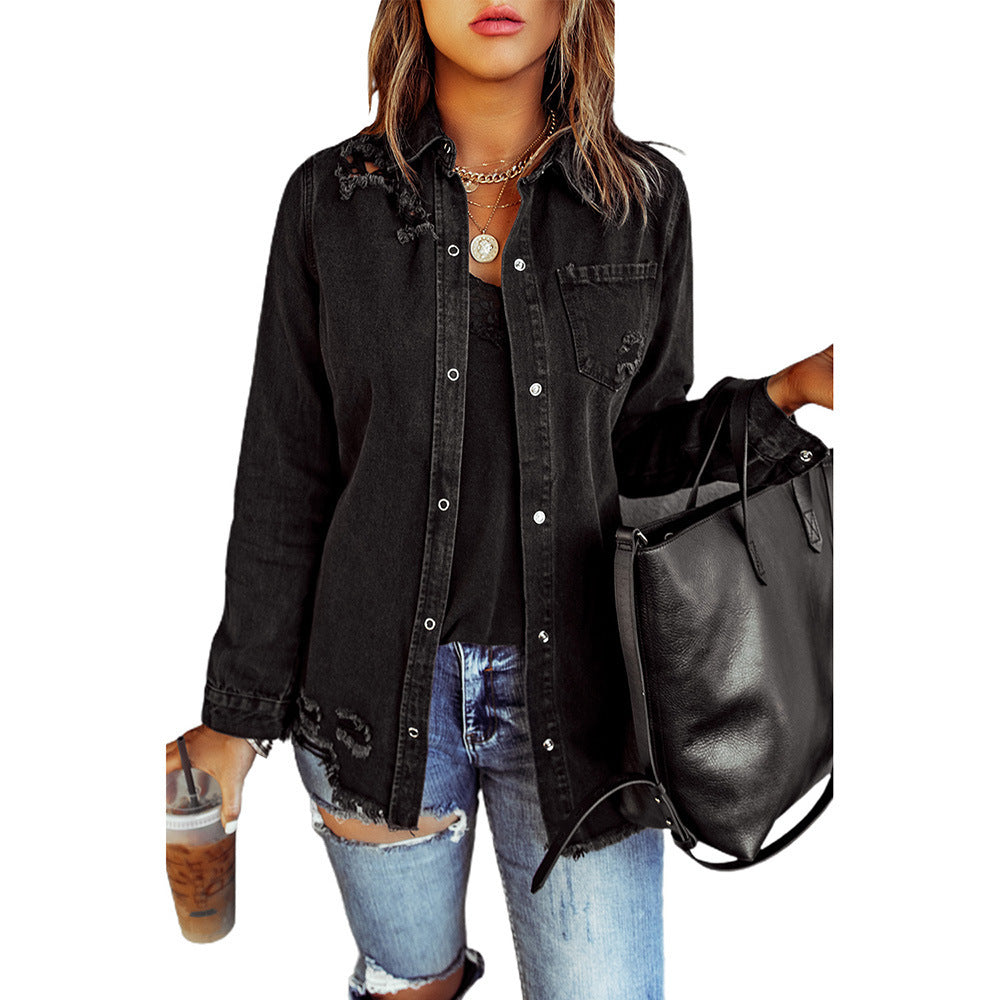 Black Ripped Shirt Denim Long Sleeve Coat Jacket Women - Trendy Comfortable High-Quality Flattering Stylish Edgy