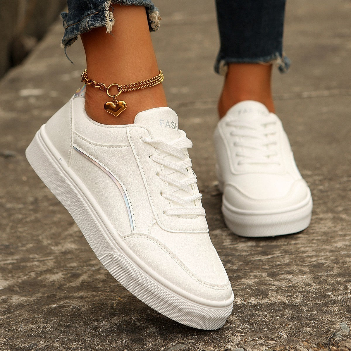 Women's White Lace-Up Thick Sole Casual Flats
