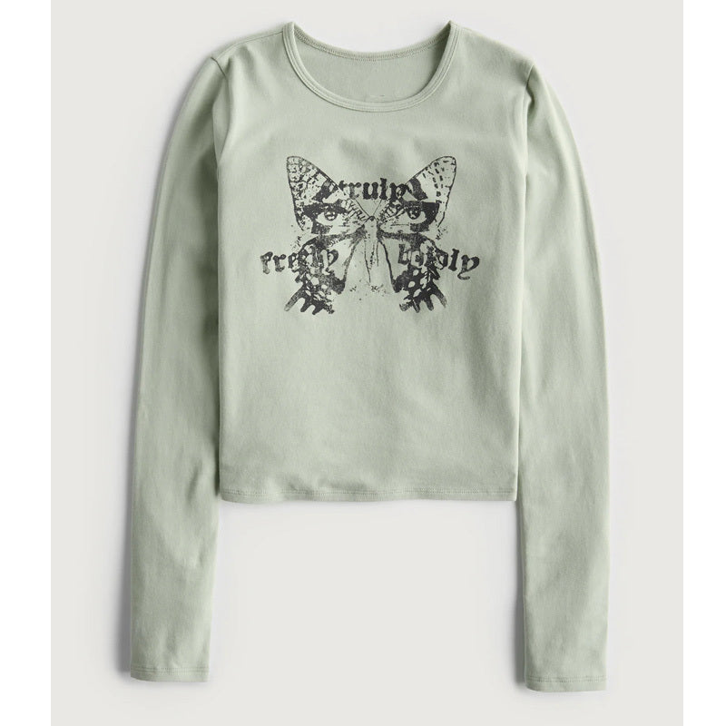 Vintage tryckt ärtgrön botten långärmad t-shirt för kvinnor