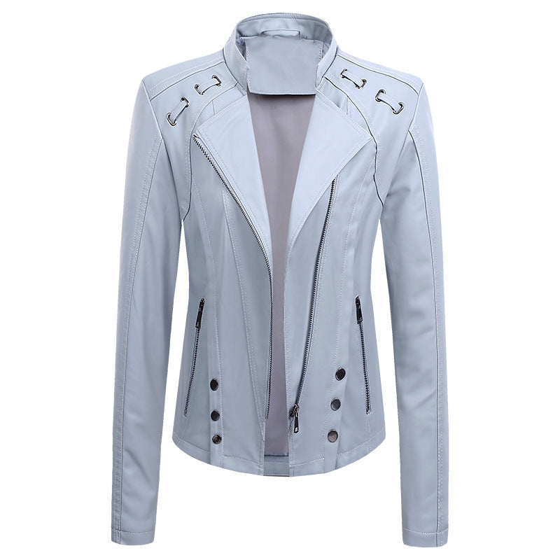 New Spring And Autumn New Leather PU Leather Jacket Women's Short - V-Neck Zipper Conventional Sleeve
