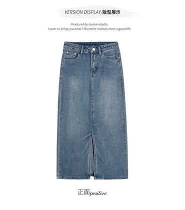 Retro slits denimkjol för kvinnor sommar tunn hög midja medellång a-linjeformad höftkjol i ett steg