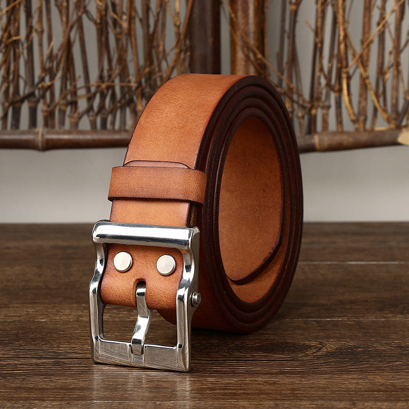 Men's Retro Leather All-Match First Layer Cowhide Stainless Steel Buckle Belt - Vintage Character