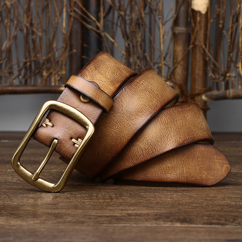 Men's Cowhide Vintage Distressed Pleated Brass Buckle Belt - Weathered Heritage