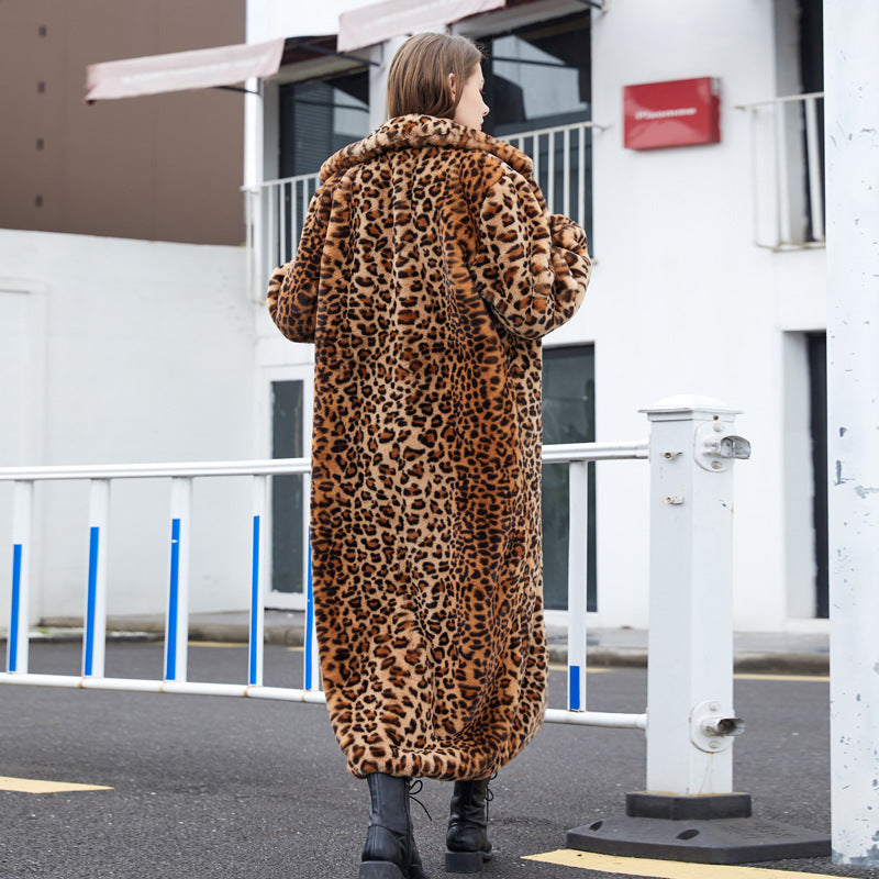 Faux Fur Leopard Print Rabbit Fur Super Long Suit Collar Fur Coat - Luxury Cruelty-Free Dramatic Sophisticated