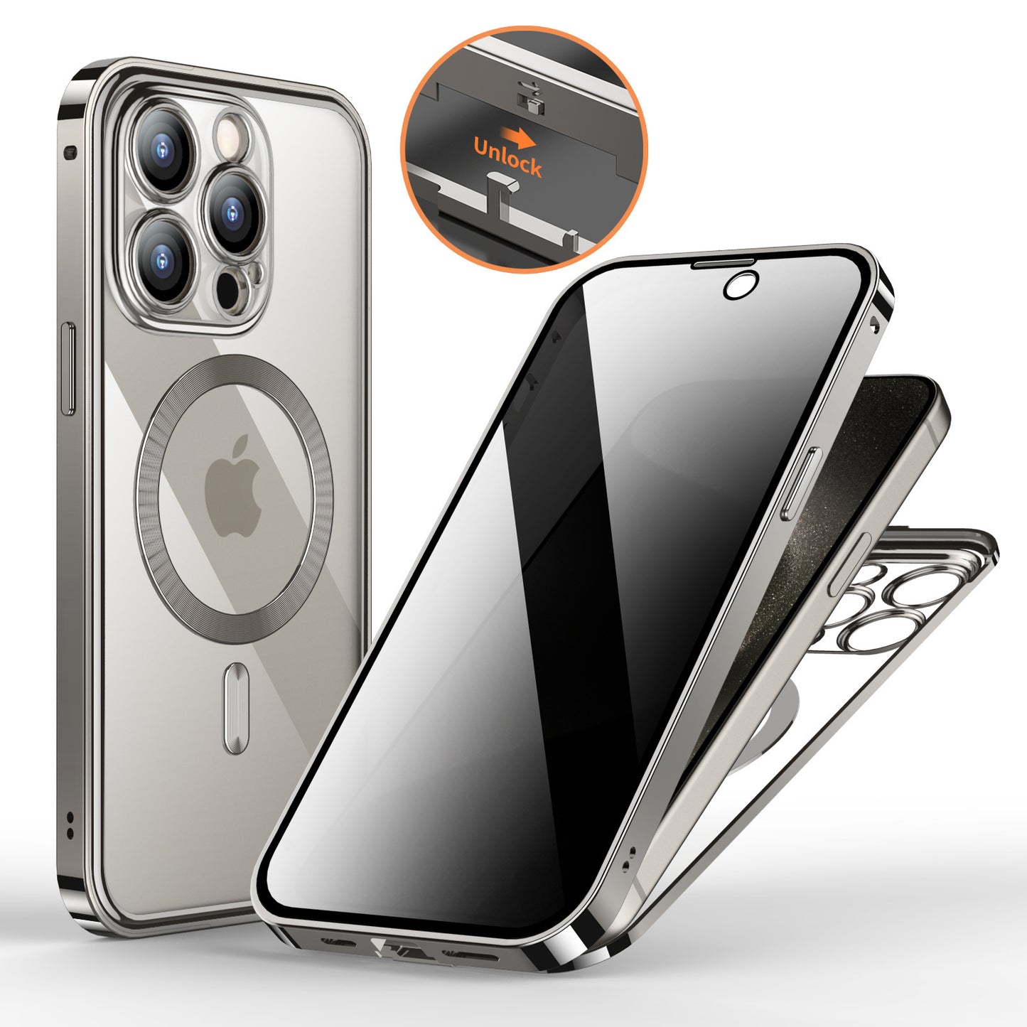 Anti-sekretess metallspänne magnetiskt stöd trådlös laddning dubbelsidig lins heltäckande telefonfodral skyddande fodral
