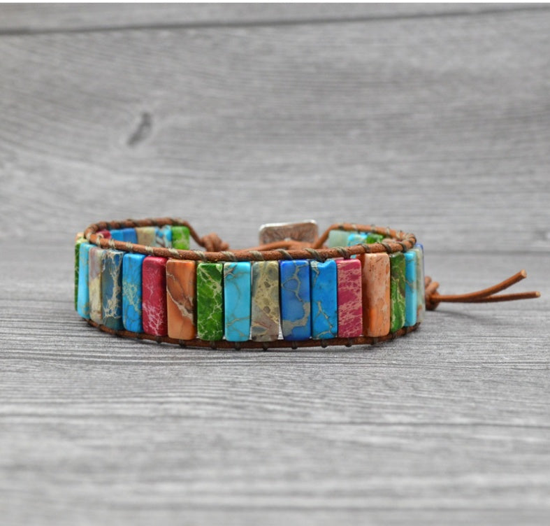 Colored Imperial Stone Handwoven Single Layer Leather Band Creative Ethnic Style Simple Band