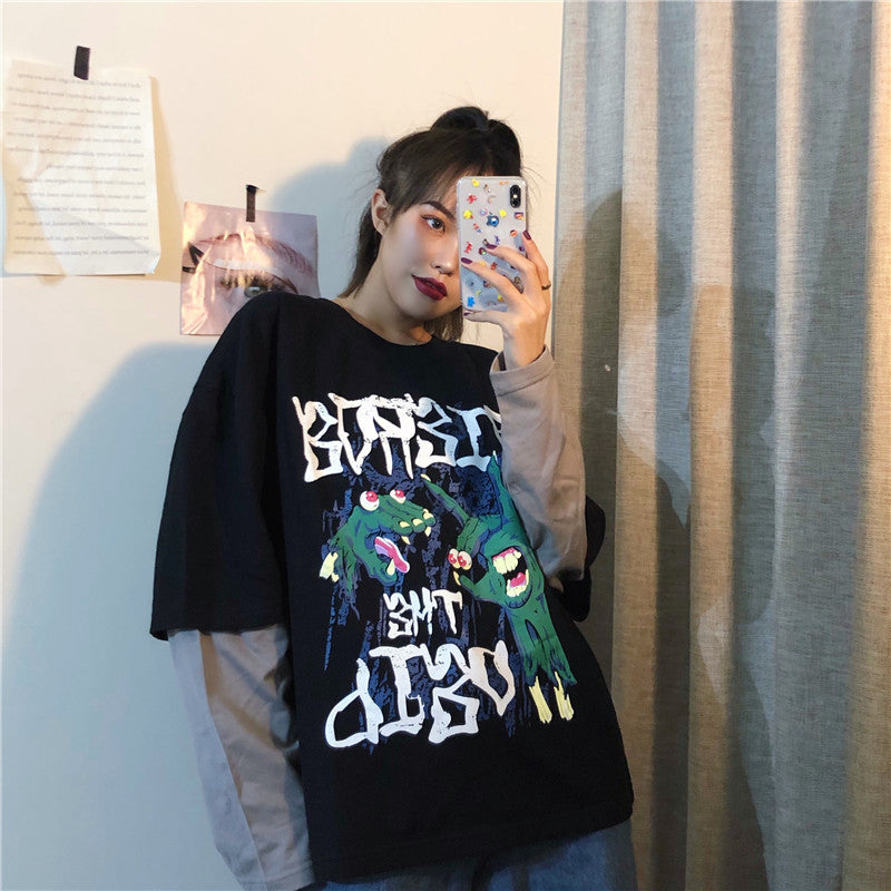 Spring Sports Fake Two-Piece Hedging Cartoon T-Shirt - Loose Fit for Women