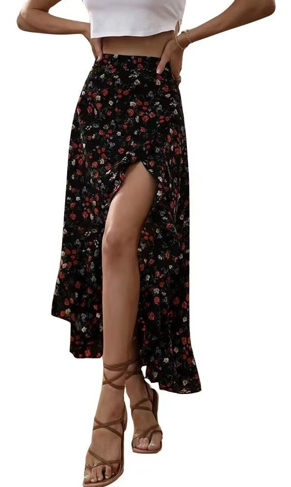 Professional Printed Ruffled Side Slit Skirt - Polyester Floral (3 Colors, M-XXL, Plants & Flowers)
