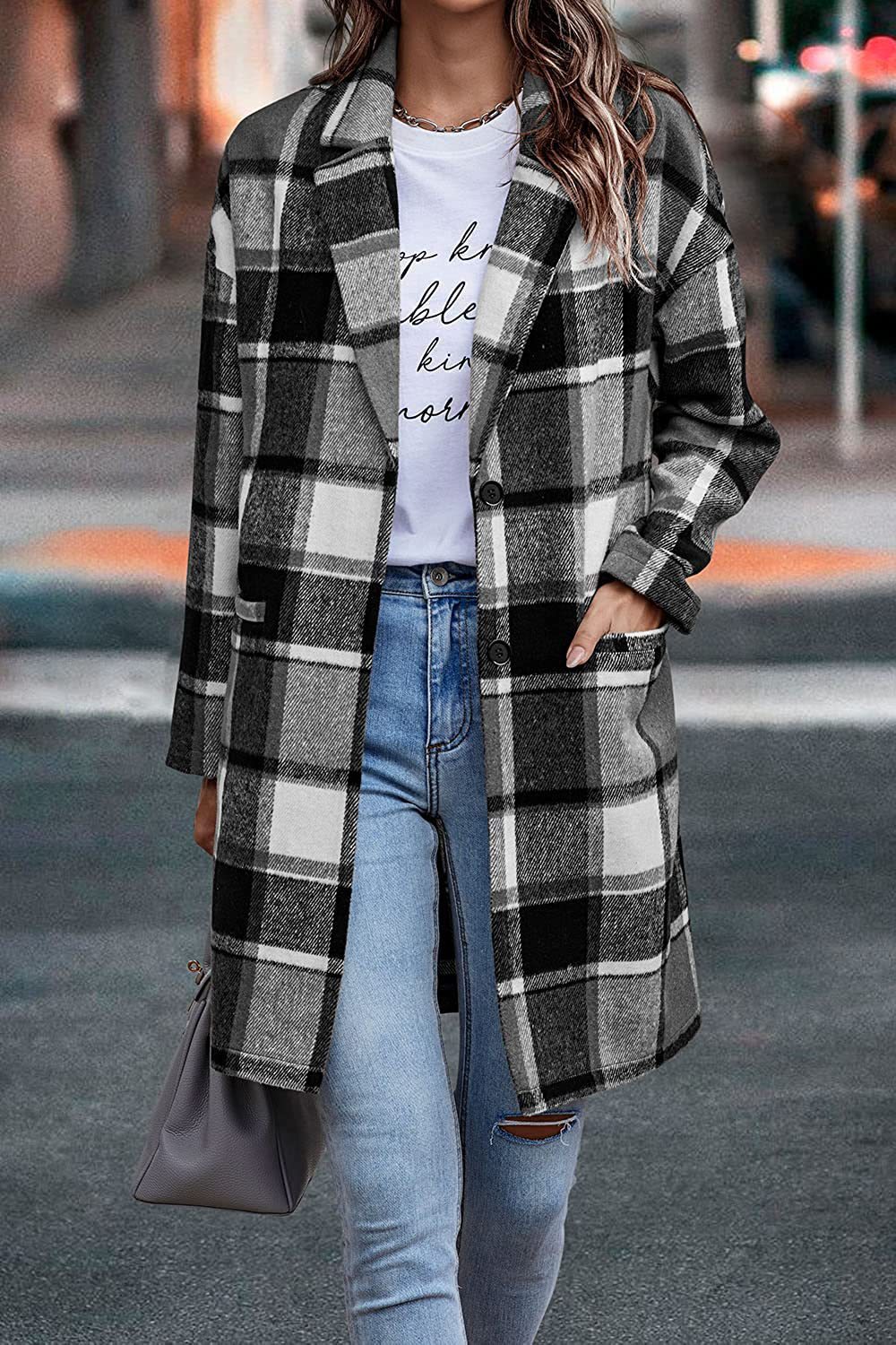 Veste longue à carreaux avec poches, manteau en laine à col rabattu, nouveau Style, vêtements d'extérieur pour femmes, automne et hiver