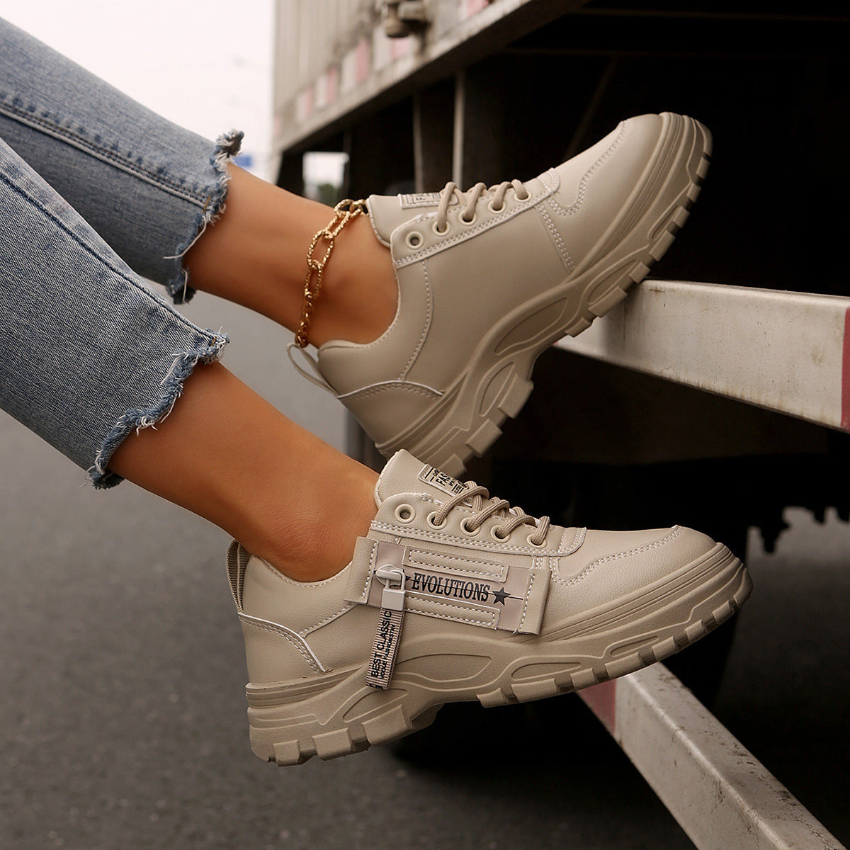 Women's Side-Zipper Thick-Sole Sneakers - Lace-Up Fashion