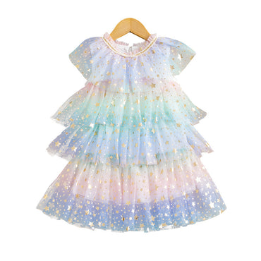 Robe d'été à gâteau princesse pour filles, fil en filet avec étoiles arc-en-ciel, pour enfants