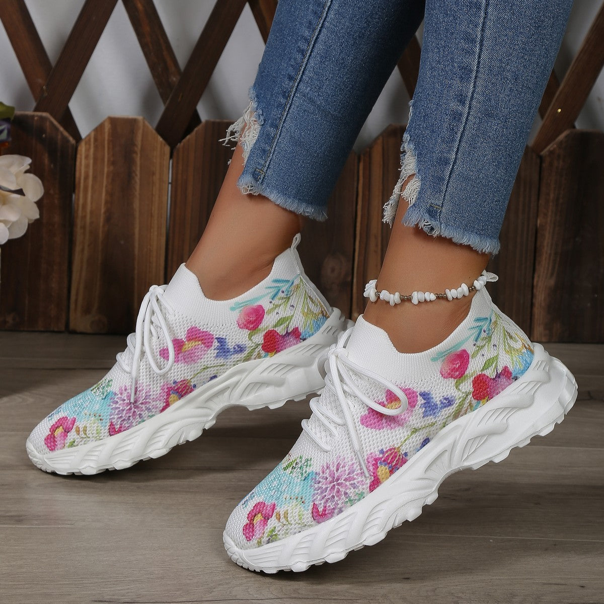 Chaussures de sport pour femmes, baskets de marche imprimées fleurs, chaussures décontractées respirantes à lacets en maille