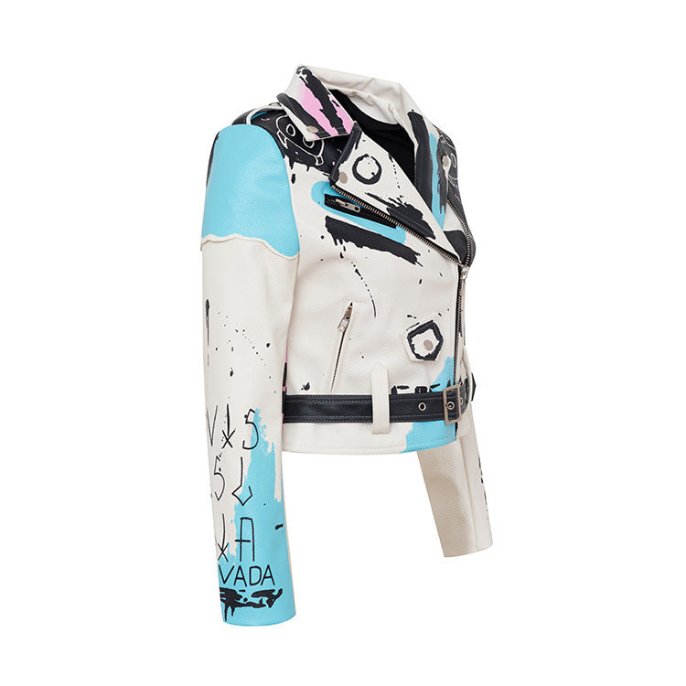 Veste en cuir de moto à rivets imprimé graffiti personnalisé