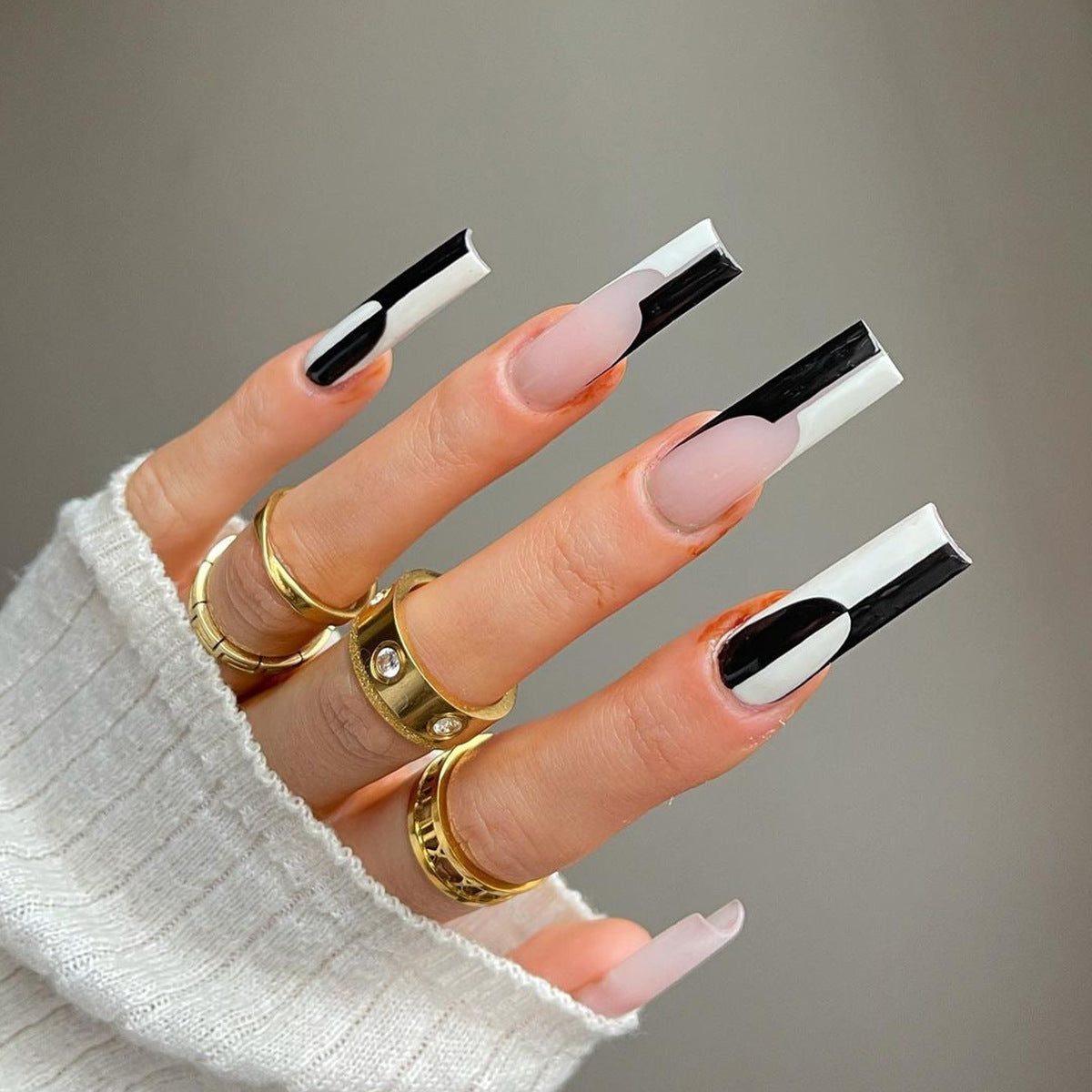 Black & White Long Press-On Nails - Removable Nail Tips Set | 24 Pieces JP1199