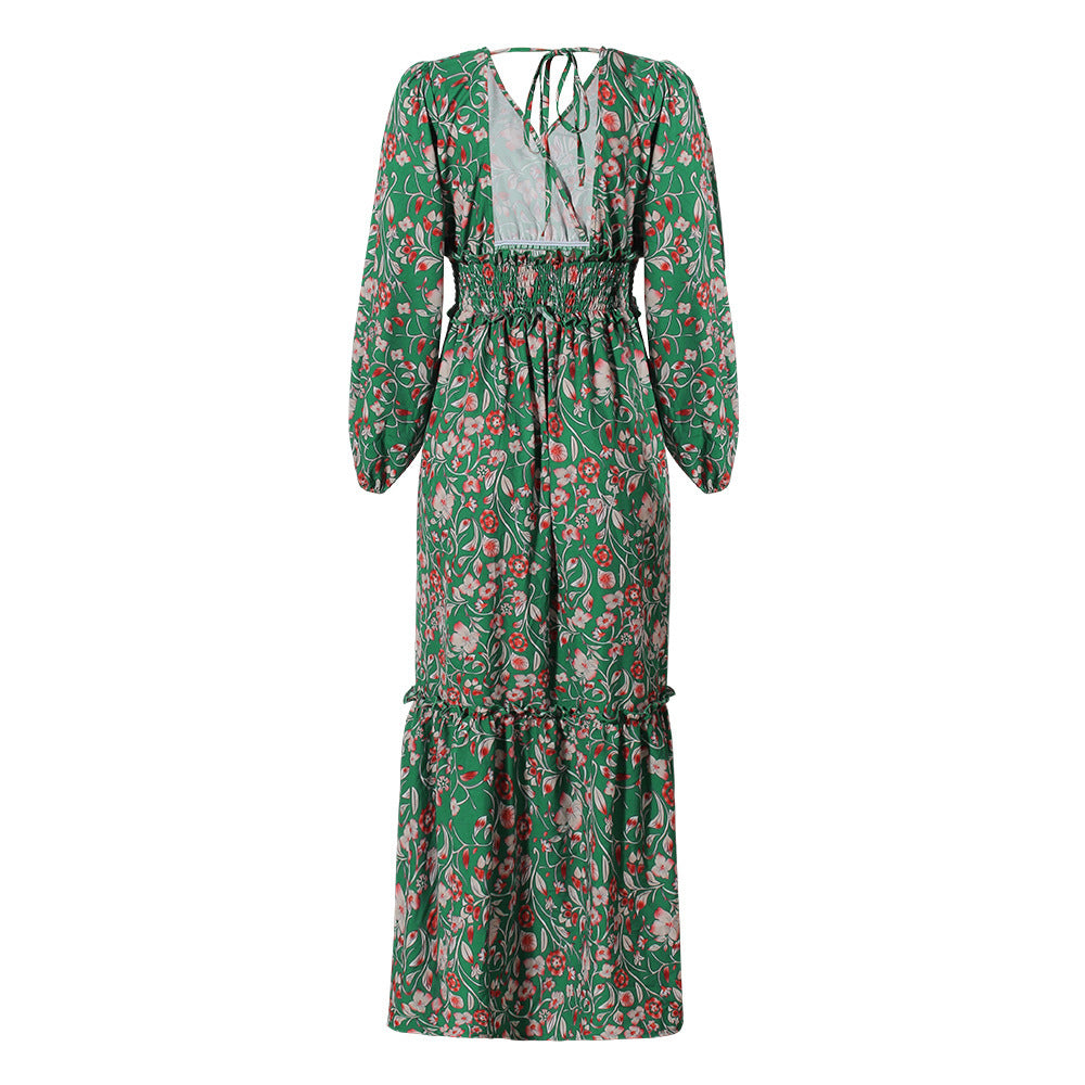 Mode Tryckta Lantern Långärmade V-hals Halter Couture Robe