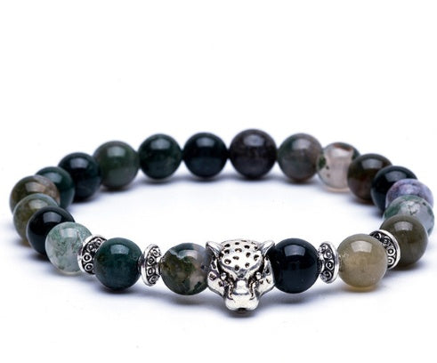 8mm Natursten Lavasten Pärlarmband För Män Leopardhuvud Leopardhänge Charm Armband Handgjorda Smycken