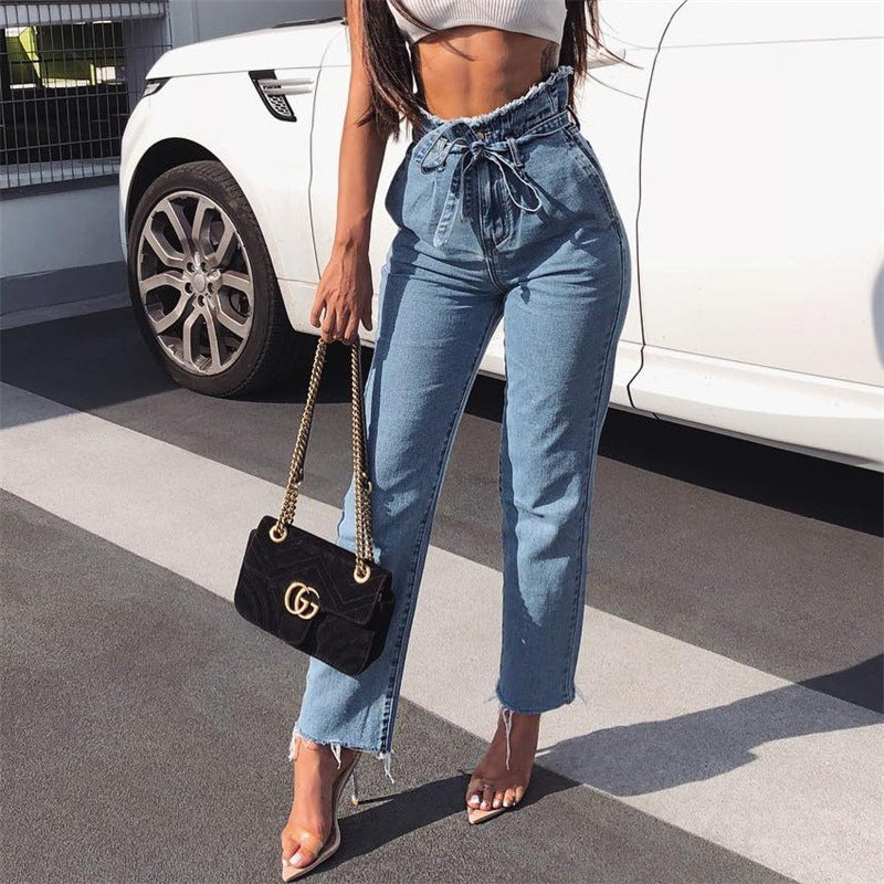vintage tofsar hög midja jeans med gu ladda kvinnor sommar höst