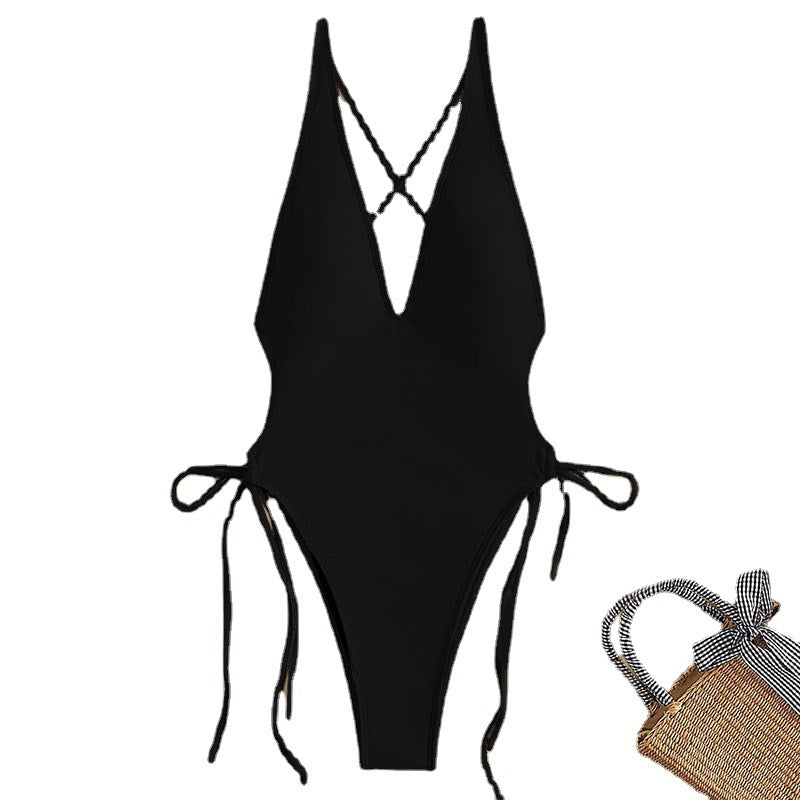Deep V Beach Bikini Snörningsbaddräkt i ett stycke för kvinnor