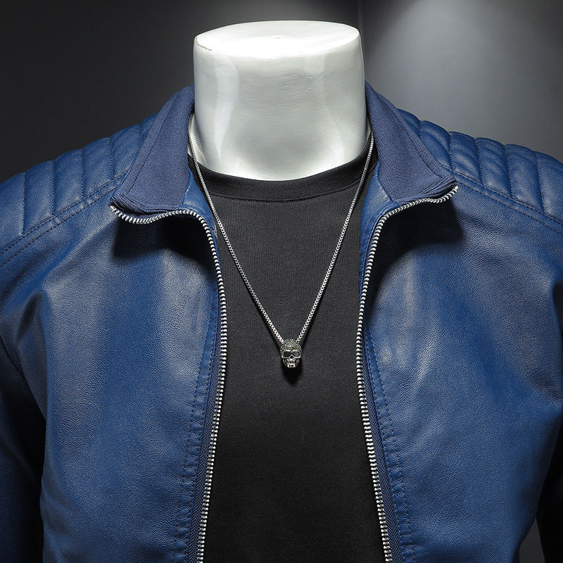 Veste de moto en cuir pour hommes, manteau fin