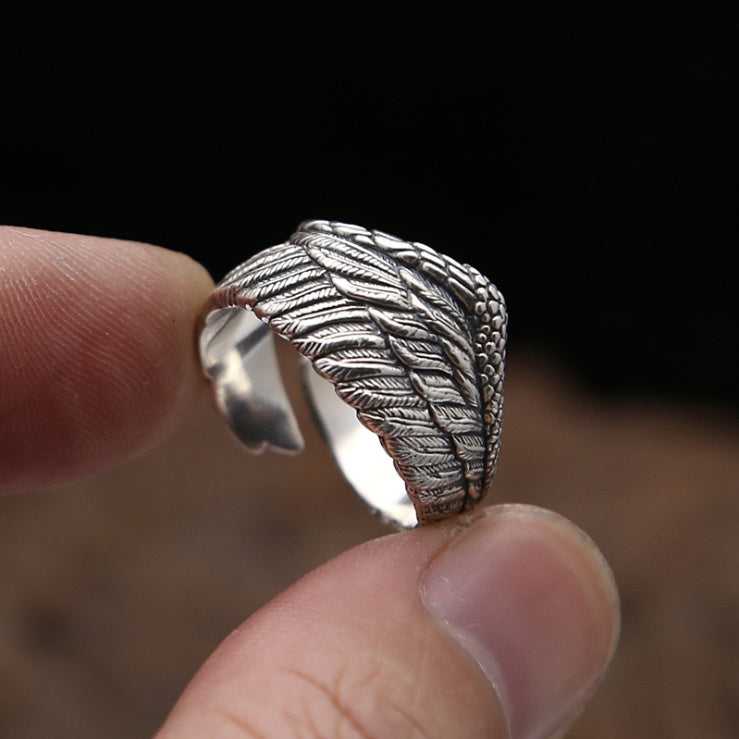 S925 Silver Herrring Justerbar Örnvinge Fjäder Retro Svart Punk Biker Man Ringar Kvinnliga Sterling Silver Smycken