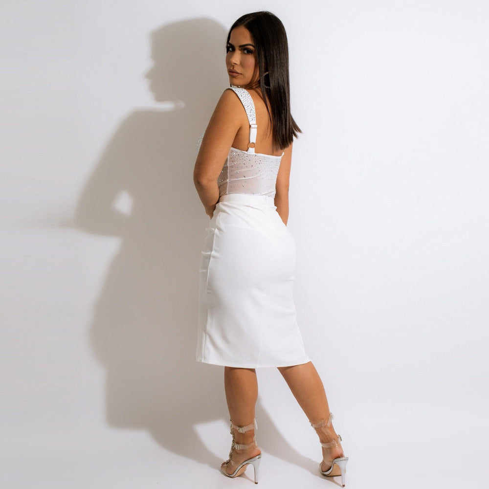 Rhinestone Sling Backless Two-piece Set - Two Colors