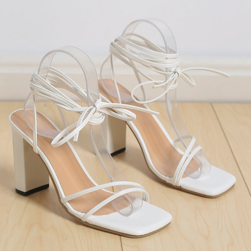 Lace Up Strappy Sandals Sommar Chunky Heel Square Toe Skor Mode