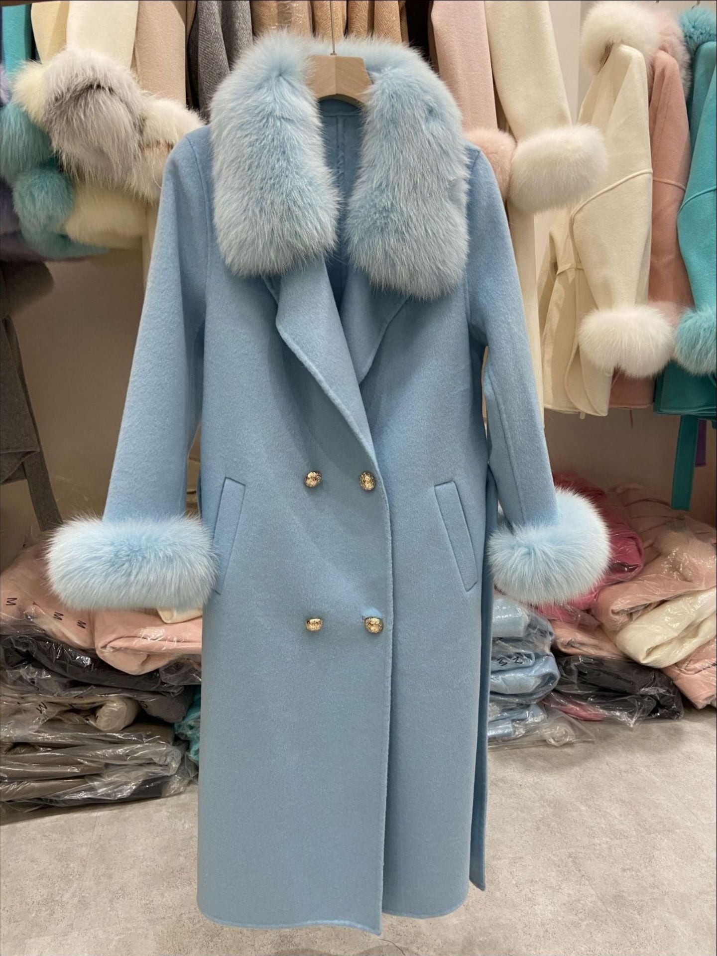 Fox Fur Collar Wool Double-Sided Woolen Coat Long For Women - Luxury Warmth Elegant Premium Durable