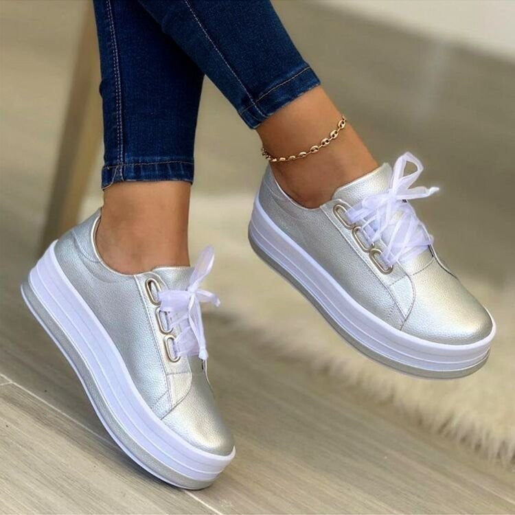 Women's Ribbon Lace-Up Platform Flat Sneakers