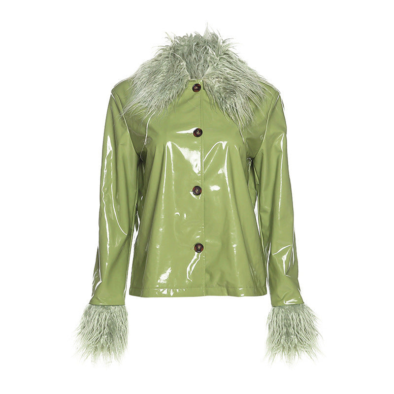 Women's Fur Collar Single-Breasted Slim Warm Leather Jacket - Elegant High-Quality Durable Winter