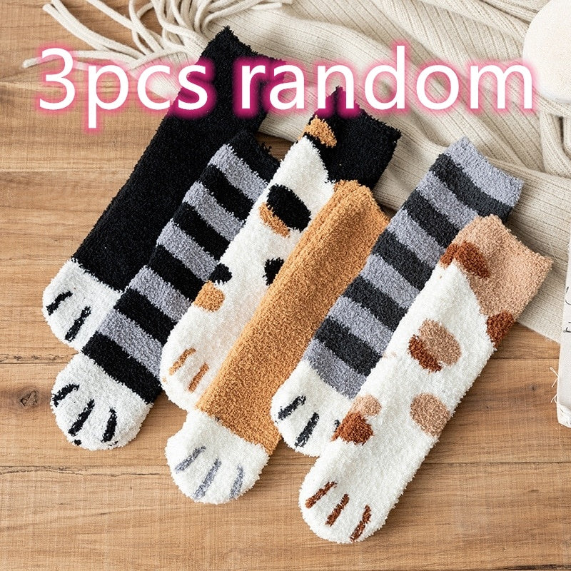 Korean Socks Women's Coral Fleece Cat Paw Pattern Kawaii Thick Warm socks