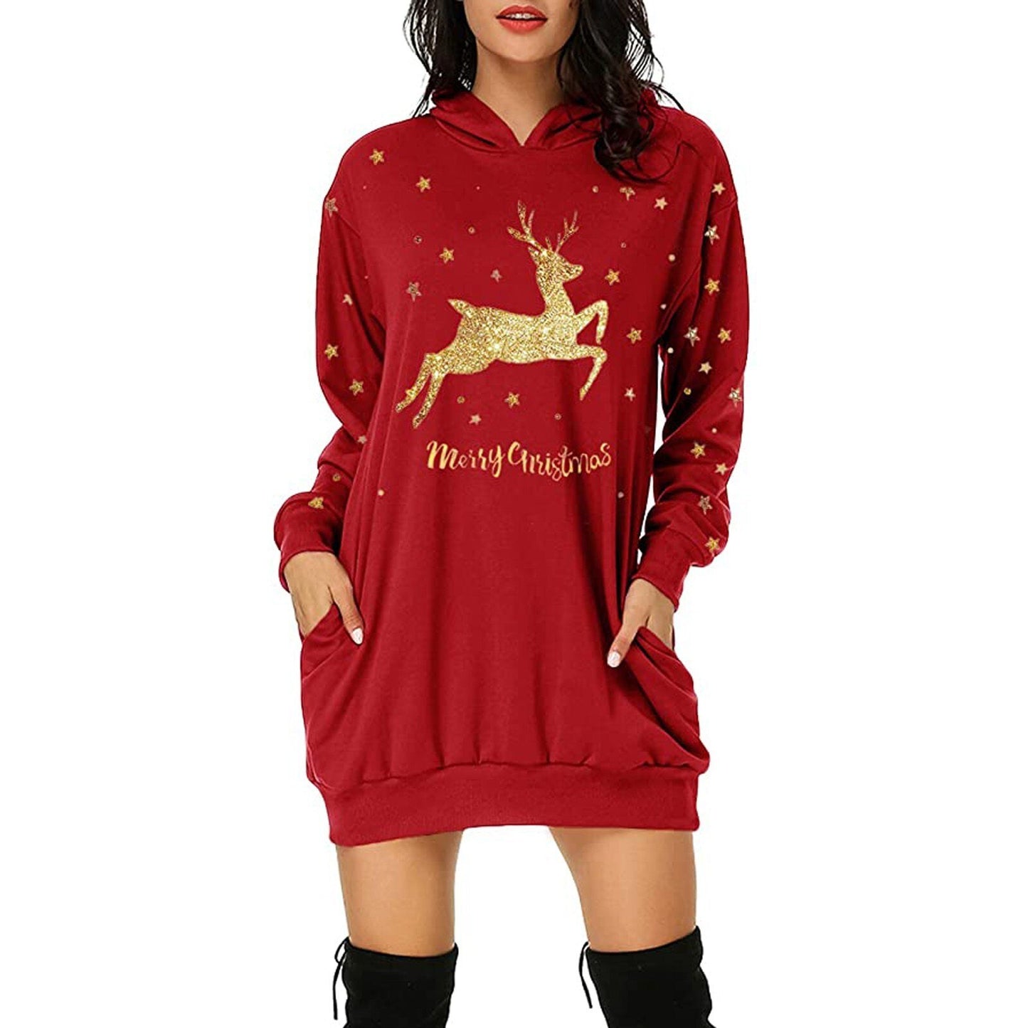 Pull à capuche et manches longues avec poche mi-longue imprimée, offre spéciale de noël