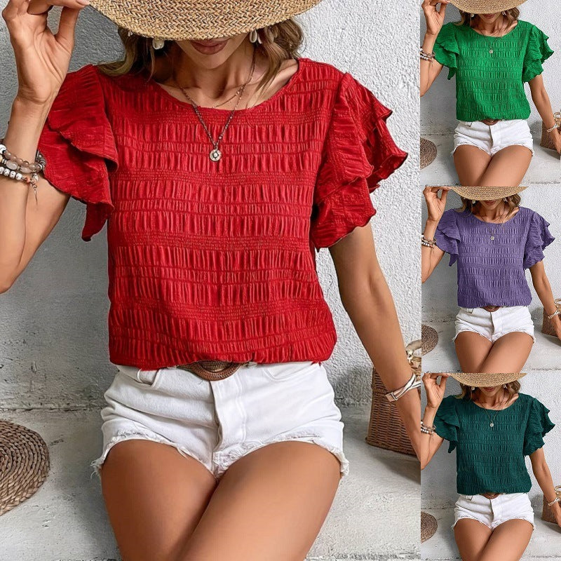 Summer Ruffled Short-sleeved T-shirt - Casual Round Neck Pleated Design Top For Women Clothing
