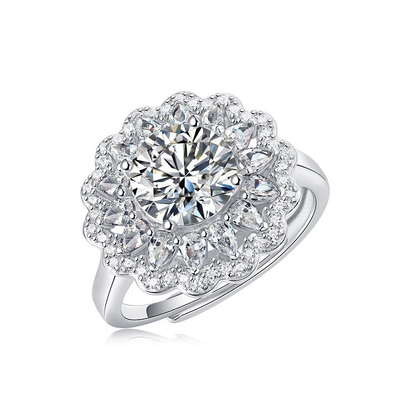 S925 Silver Moissanite Ring Blommor Kvinna Ny Trendig Ring Justerbar Källring I lager Generation