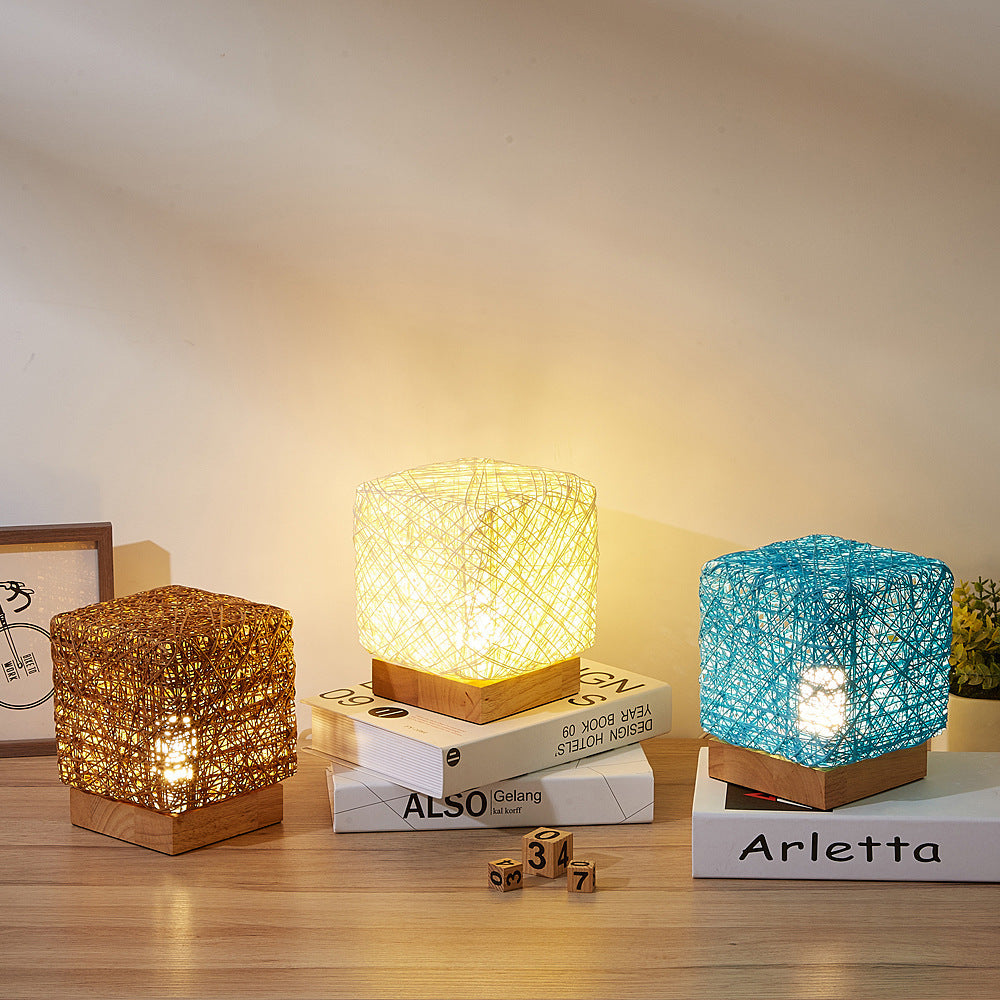 Hand-knit Dimmable Square LED Desk Lights Wood Rattan Twin USB Charging Table Lamp Girls Bedroom Gift Home Decor Night Lighting
