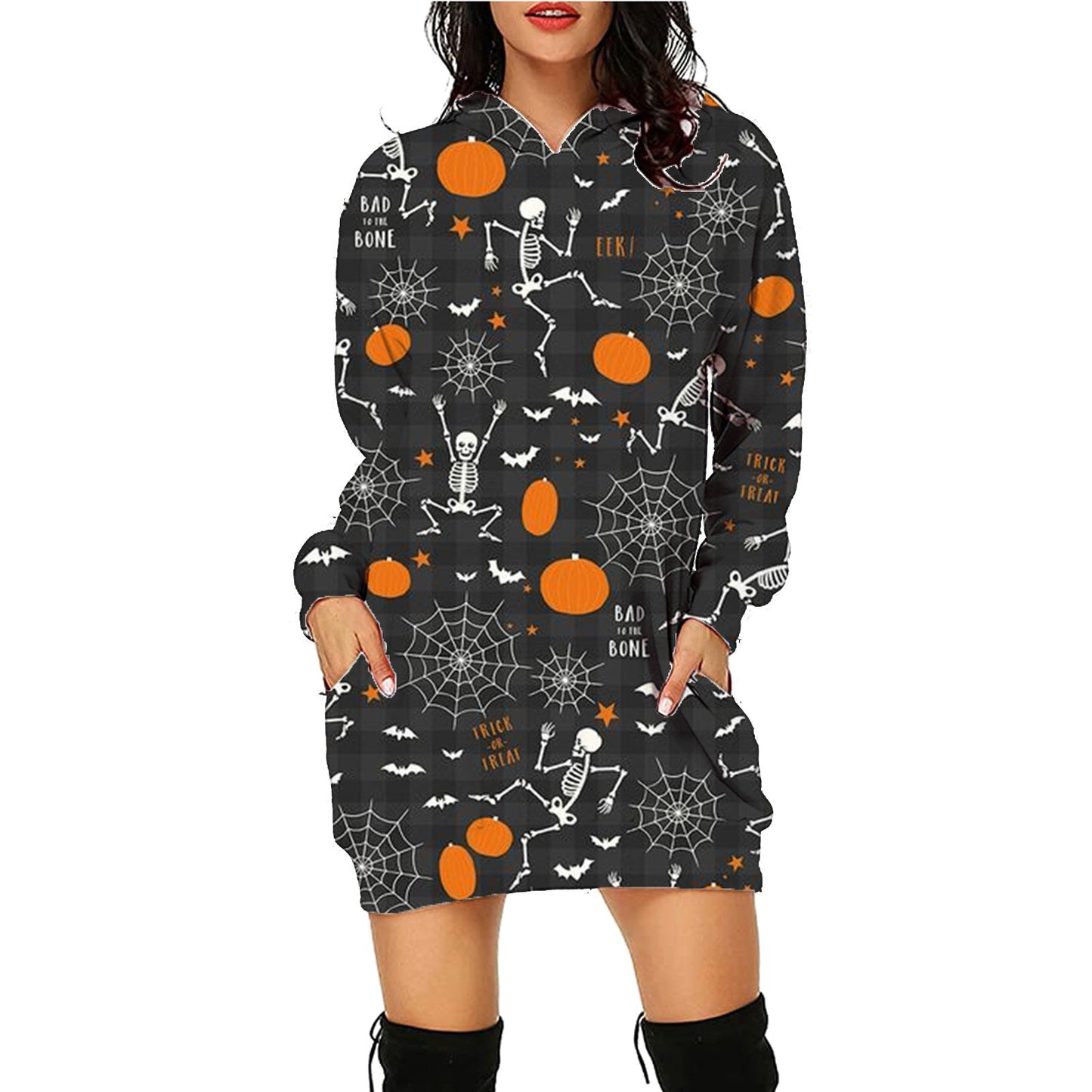 Halloween Print Lång Hoodie Med Fickor Tröja Långärmade Kläder Kvinnor