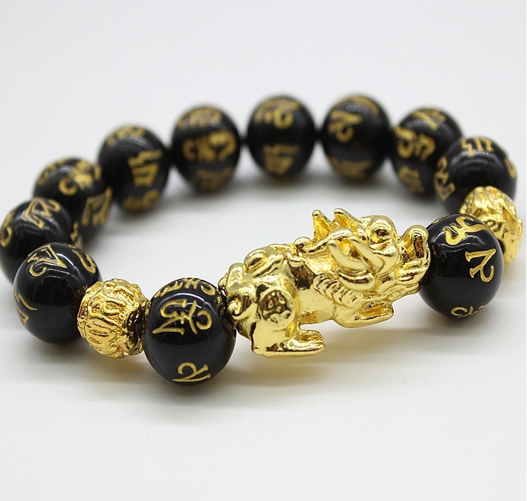 Naturligt Obsidianarmband Guldläder Broderat Herr- Och Dam