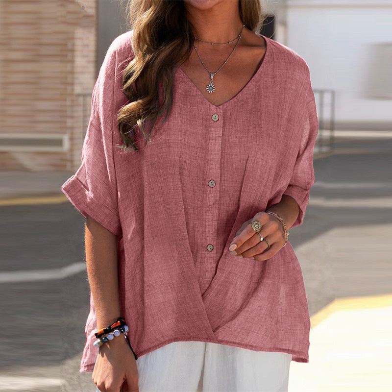 Elegant Women's Cotton Linen V-Neck Pullover - Short Sleeve Casual Top