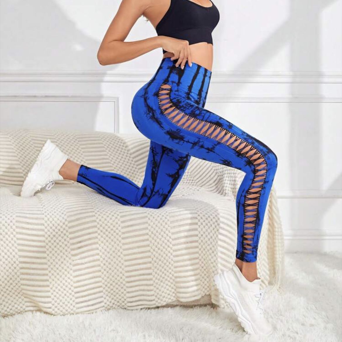 Hollow Tie Dye tryckta yogabyxor Hög midja rumplyft Sömlös Sport Gym Fitness Leggings Slimbyxor för kvinnor Tighta byxor