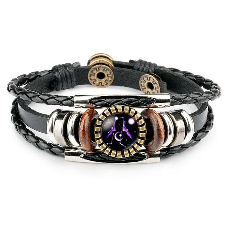 Stjärnteckenarmband för kvinnor och män, 12 stjärnbilder, pärlbesatta handvävda PU-läderarmband