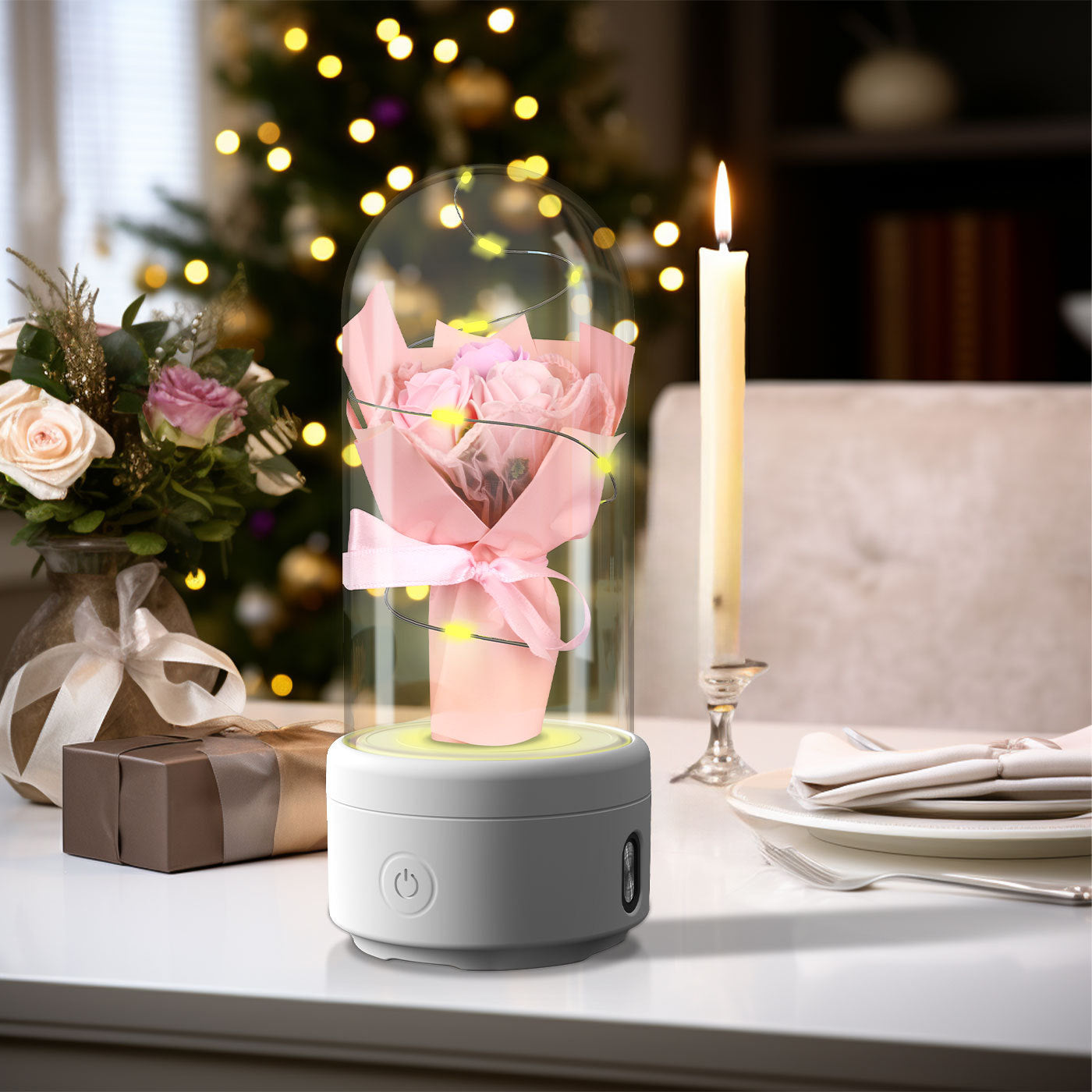 Creative 2 i 1 bukett LED-ljus och Bluetooth-högtalare Mors dag present Rose Lysande nattljusprydnad i glasskydd