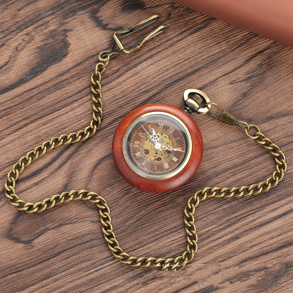 Mahogany Texture Dial Golden Roman Literal Automatic Mechanical Wooden Pocket Watch - Natural Luxurious Sustainable Elegant Exquisite
