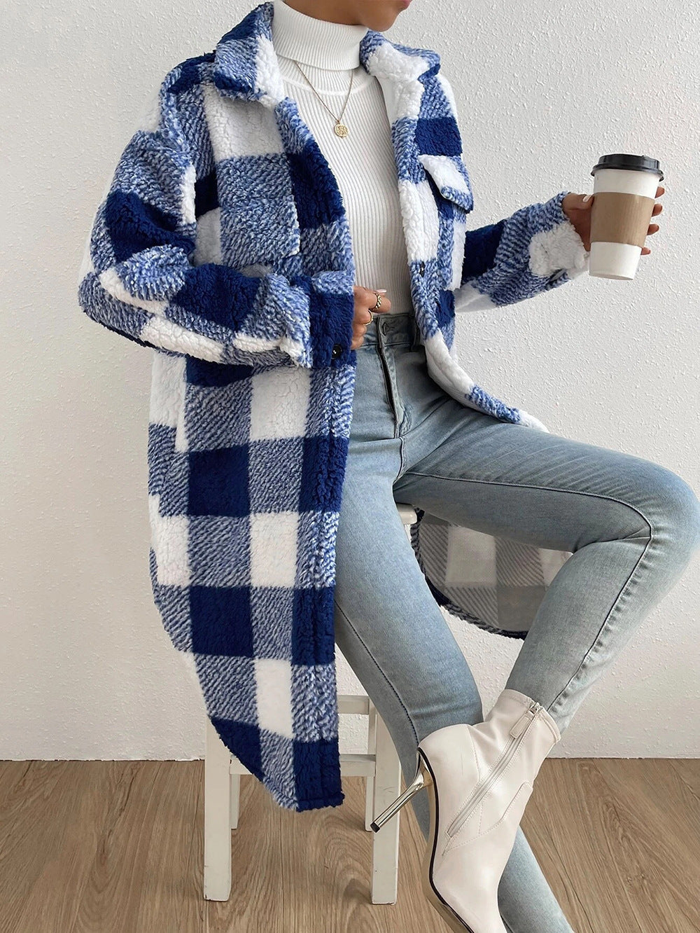 Manteau à carreaux en peluche à revers boutonné, ample