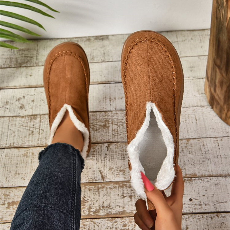 Women's V-Cut Plush Ankle Boots - Winter Velvet Flat Snow Boots