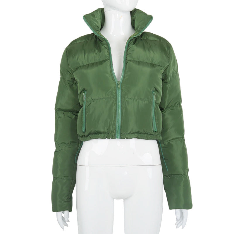 Mode manteau court hiver chaud à manches longues col montant fermeture éclair pain coton manteau avec cordon conception veste femme
